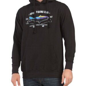 Surf Ministry Men's Small Sport Fishing Club Fish Logo Black Hoodie Hooded Sweat